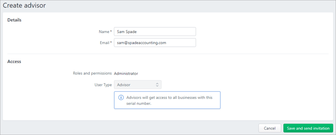 Example advisor being added to MYOB